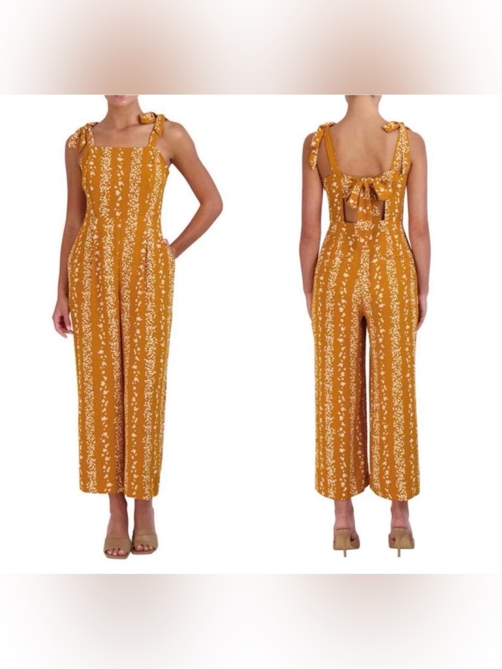 BCBG Paris Women's Ditsy Floral Shoulder Tie Wide Leg Jumpsuit Back Cutout